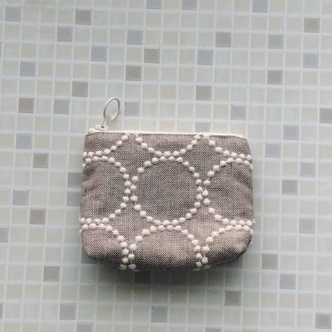 タンバリン  ミニ ポーチ　深型　12  ブラウン × ライトベージュ　ミナペルホネン の刺繍生地　　tambourine 