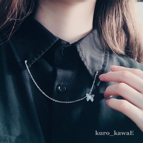 蝶のタックピン / ゴシック フォーマル カラー ピン 襟 チェーン ネクタイ シルバー 量産 メンズ  地雷 メンヘラ 病みかわ 病みかわいい kuro-kawae kurokawae