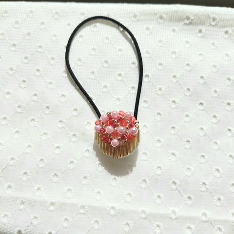 大人かわいいビーズ刺繍《小》/ヘアゴム/赤