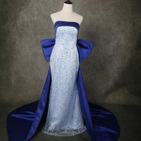 豪華！  ウェディングドレス  カラードレス  ブルー   リボン   編み上げ  キラキラ光る刺繍   結婚式