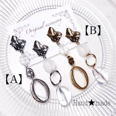 【2color♡】デザインメタルカボションアシンメトリーピアス