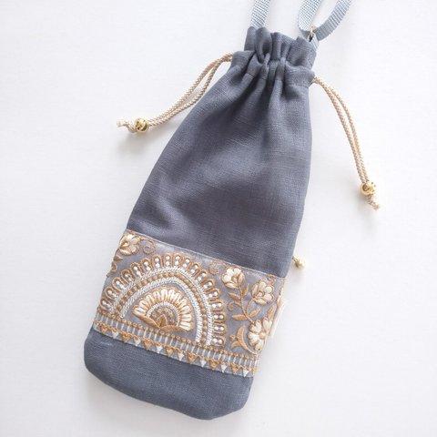 ❲大❳インド刺繍リボンの巾着スマホショルダー【gray×gold】