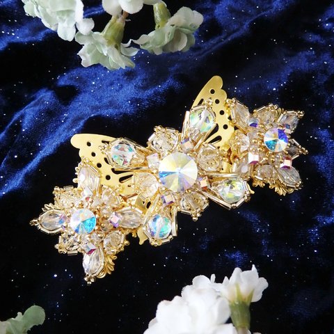 【受注製作】金の蝶と煌めきのバレッタ