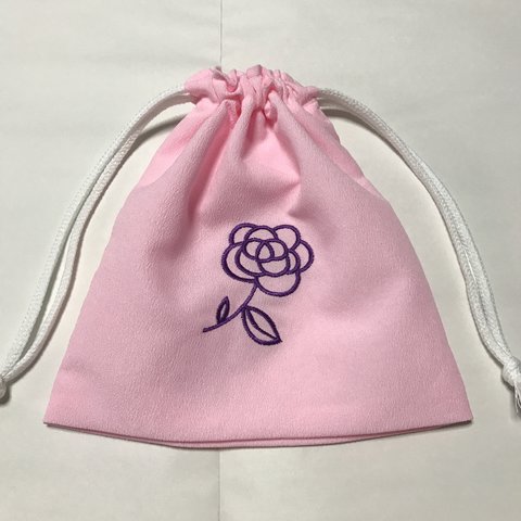 オシャレなカメリア風刺繍入り巾着袋☆ピンク166