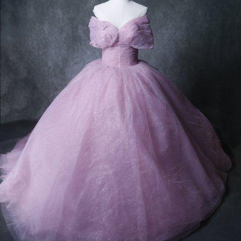 華やか カラードレス 薄ピンク キラキラチュール オフショルダー プリンセスライン ロングトレーン 