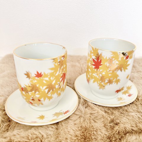 紅葉の湯呑・茶托プチ皿２客セット