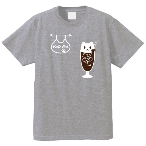 ねこカフェ+ねこコーヒーフロートＴシャツ　グレー　綿+ポリ混紡　猫Ｔシャツ　喫茶店Ｔシャツ