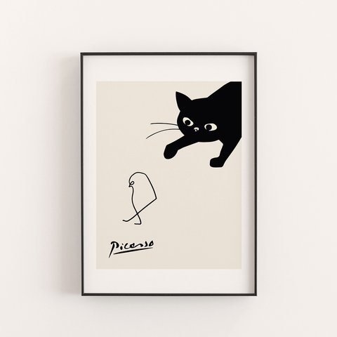 【0088】ピカソスケッチ・小鳥と黒猫のアートポスター　北欧　海外インテリア　ナチュラル