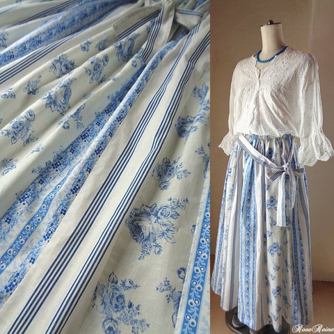 桜祭りセール 絵画なパッチワーク 青い薔薇♥ストライプ ギャザースカート マキシ丈スカート リボン付き