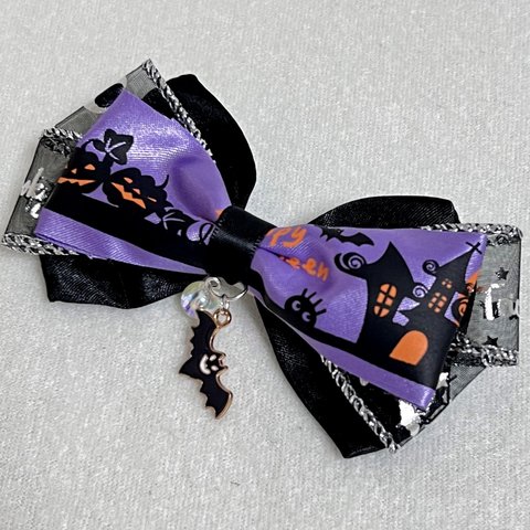 【犬用】ハロウィン　犬リボン　パープル　ハロウィン柄　JDバレッタ　コウモリ　ヘッドドレス　犬お揃い　魔女