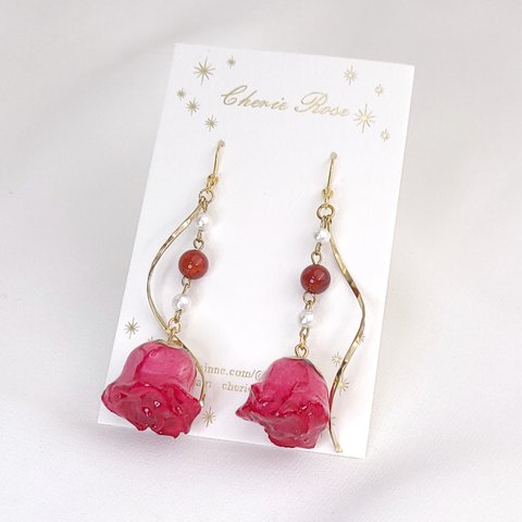 .*･ ❀ Ruby Rose & Red Agate ❀.*･ﾟ 薔薇 ピアス イヤリング
