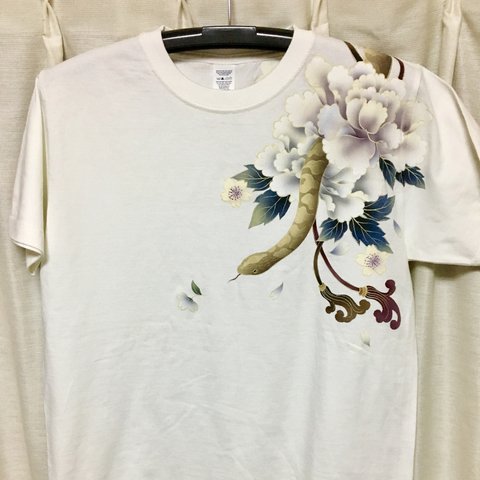 手描友禅  Tシャツ 蛇に牡丹