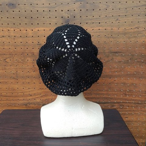 サマーベレー帽　手編み　UVコットン100％　ブラック