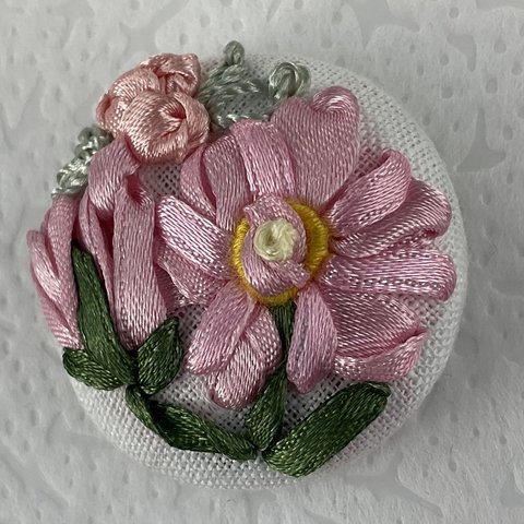 サテンリボン刺繍　大きなお花　刺繍ブローチ　ヘアゴム