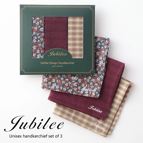 Jubilee ユニセックス コットン ハンカチーフ チェック 花柄 無地 3点セット jubileesquareu-set008