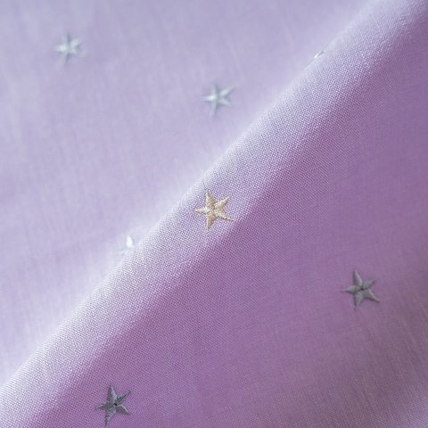 刺繍生地 【星/ペールラベンダー/ゴールド＆シルバー】 カットクロス 綿ポリ