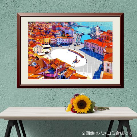 【アートポスター】スロベニア ピランの港とタルティーニ広場（作品No.429）