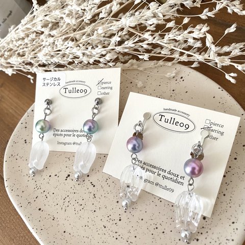 氷チューリップの虹パールピアス♡イヤリング♡