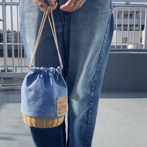 デニムリメイク かごバッグ  Type custom Drawstring Basket Blue Denim