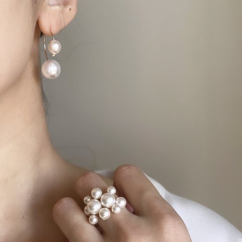 【春の福袋】2way パールアクセ2点セット　Shineリング&double pearl ピアス