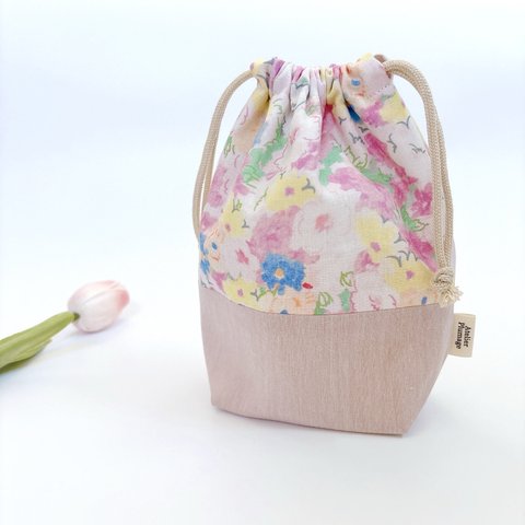 コップ袋 【Smoothie Flower pink】名入れ&サイズオーダー対応　花柄　水彩　巾着袋　女の子向け　おしゃれ