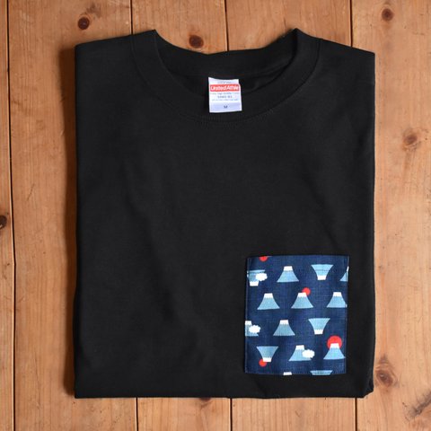 ポケット付き 半袖 クルーネック Tシャツ 綿 コットン 山 登山 富士山 ブラック ネイビー