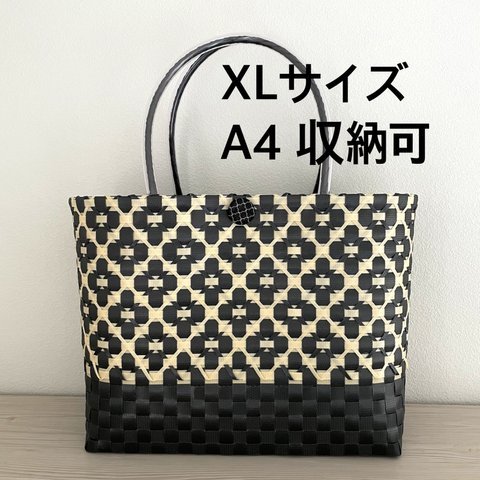 プラカゴ　黒xベージュ花柄　XL 大サイズ　A4ファイル収納可　お稽古事などに