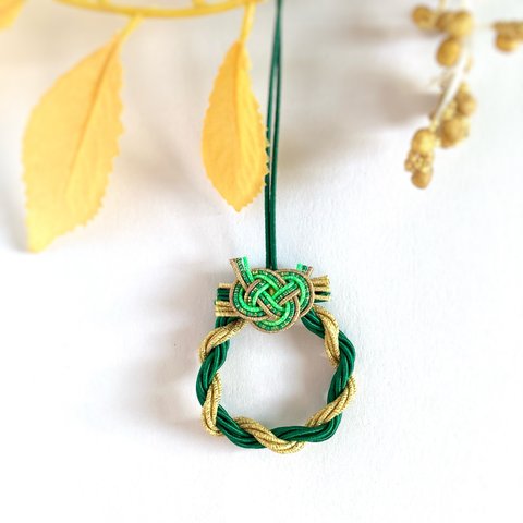 水引 ミニリース 正月飾り aiboの首輪 ロボホン ミニチュア ドールハウスに！ 緑金