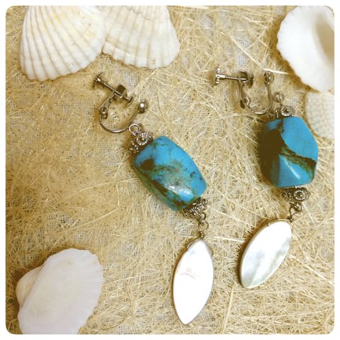 大人シンプル＊turquoise×shell＊イヤリング