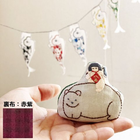 刺繍ぐるみのキット"金太郎とくま" (裏布：赤紫)［五月人形/端午の節句/こどもの日/図案付］