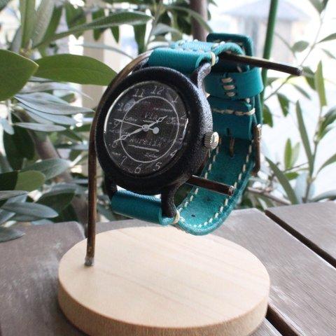 手作り腕時計【金属アレルギー対応】Via Aurelia(ストーンケースBlack&Black Blueベルト)   --- アンティークでシンプルな男性、女性兼用腕時計。ベルトは牛革を使用。
