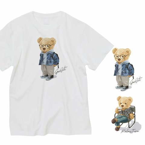 [名入れOK]大人サイズ クマのお名前 Tシャツ プレゼント 半袖 熊 アウトドア GO OUT RELAX TIME_T039