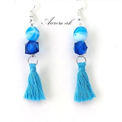 tassel pierced earrings　丸　タッセル　ブルー　水色　青　海　マリン