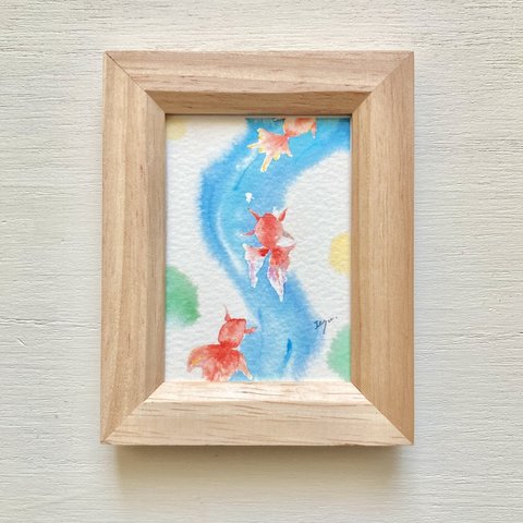 透明水彩画「涼やかな金魚たち」イラストミニ額  プチギフト  金魚　魚　母の日　父の日　夏ギフト　暑中見舞い　残暑見舞い