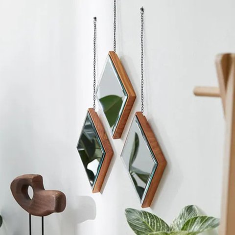 木製 菱形 壁掛け鏡 3個 ウォールミラー 