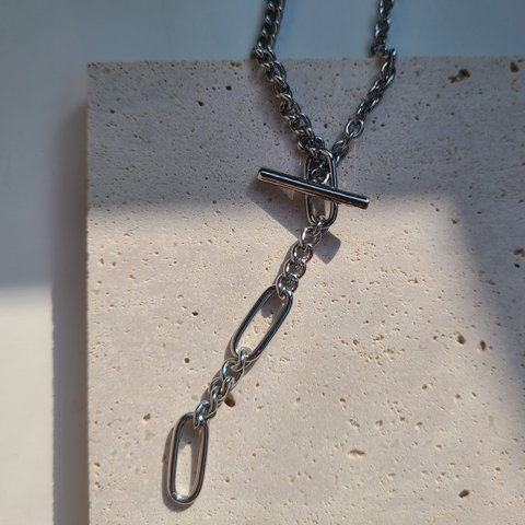 【シルバー】mix chain 4way necklace アシンメトリー ミックス ユニセックス 男女兼用  プレゼント３段階 長さ調節  メタル（#280）