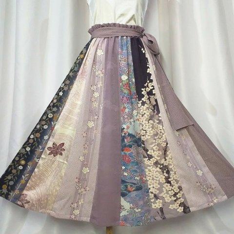 正絹 桜ふんわり ラベンダーカラー 16枚はぎロングフレアースカート　着物リメイク