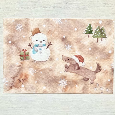 ☃️「雪遊びが大好きなダックスフント　その1」北欧水彩画イラストポストカード2枚セット 犬　寒中見舞い　ダックスフンド☃️