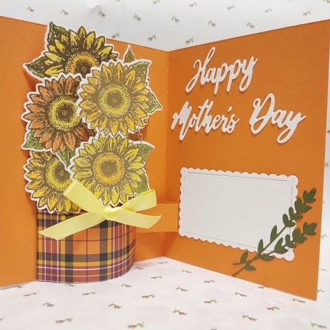 誕生日 お礼 父の日 母の日ポップアップカード「CELEBRATE　SUNFLOWER」　花束　ヒマワリ　向日葵　感謝　立体カード　飾れるカード　チェック　オレンジ　スタンピンアップ　
