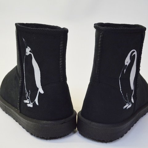 (メンズ） ペンギン ボアブーツ、靴、ブラック、オリジナルデザイン、シルクスクリーン