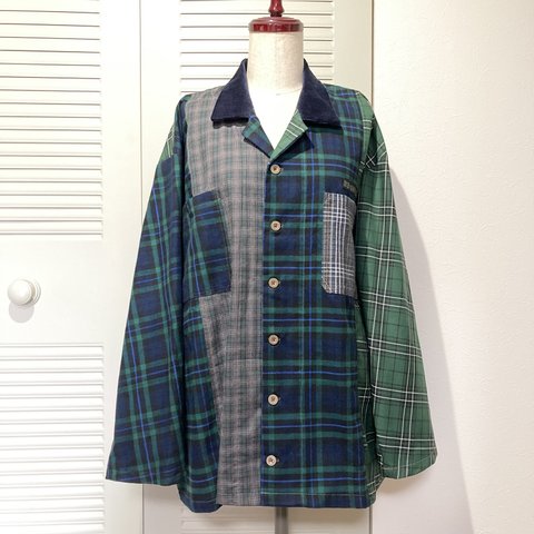 GOOD NIGHT SHIRTS -green- ▶︎シャツ・開襟シャツ・チェック・タータンチェック・ジャケット・パジャマ・ナイトウェア・パッチワーク