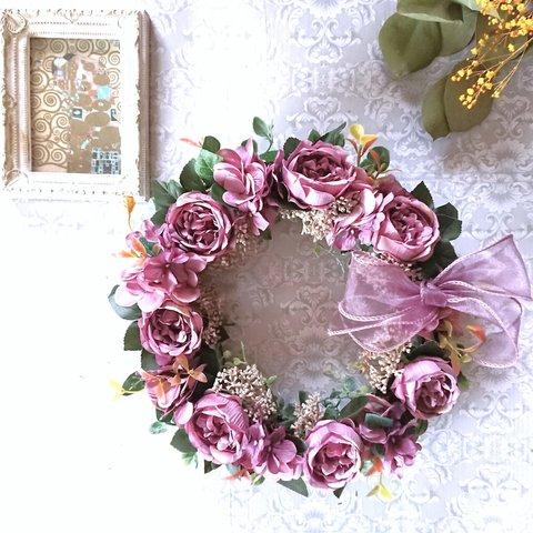 『Ｌサイズ』モーヴピンクの薔薇と紫陽花のアンティークでエレガントなリース・アーティシャルフラワー