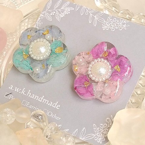 お花ピアス　Blue&Pink