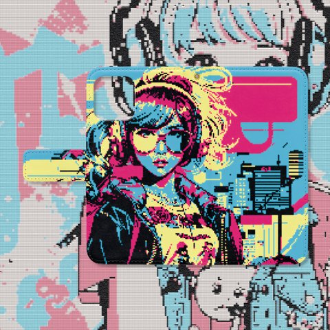 80’s レトロゲーム風ヘッドホンの女の子ドット絵 手帳型スマホケース  　iPhone Android各機種対応 ハイクオリティタイプ 