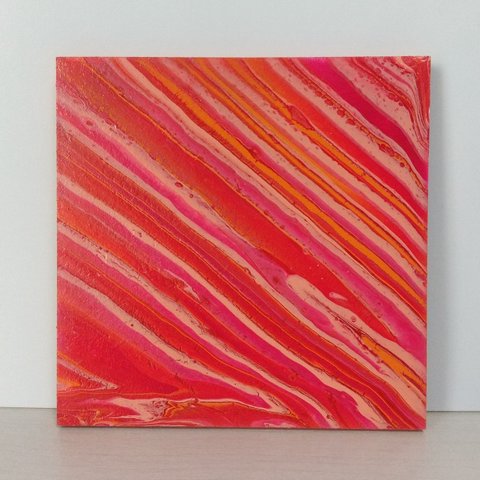 原画　赤　ピンク　オレンジ　ストライプ　ポーリングアート　フルイドアート　抽象画　インテリア　NO.59　現代アート
