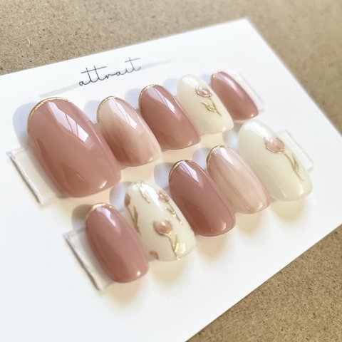 No.185  ネイルチップ　春ネイル　チューリップネイル　ニュアンス　ミラー