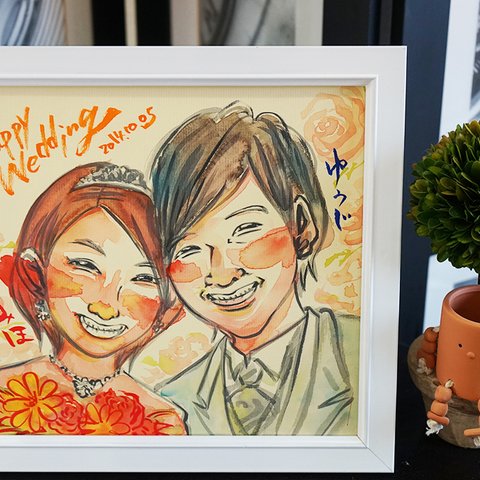 絵手紙風のあったか似顔絵似顔絵＊額つき！２名書き/ウェルカムボードに・結婚式に・玄関のインテリアに