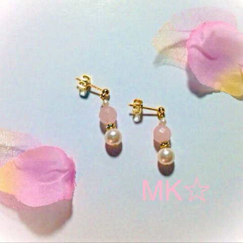 MK☆ローズクォーツ&パールピアス