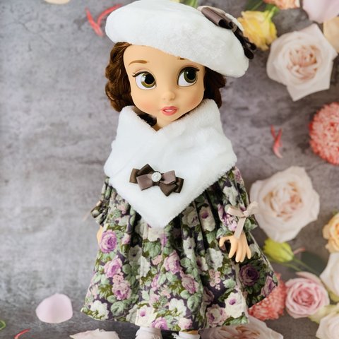 アニメータードール サイズ　40cmドール　服　花柄　パープル系　コーデュロイ　ワンピース　ベレー帽　