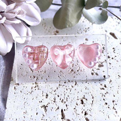 glass heart 3way pink ribbon Earrings